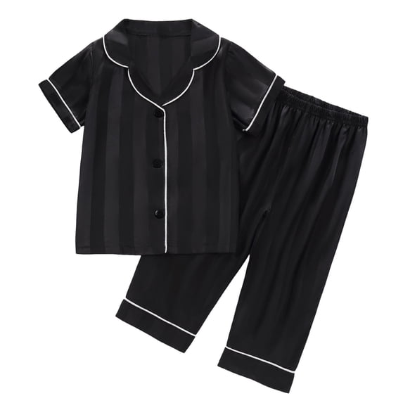 lnmuld Kids Girls Boys Satin Striped Pajama Set Notch Collar Short Sleeve Button-Down Top and Pants Sleepwear Loungewear, 2-Piece Size:18-24 Months