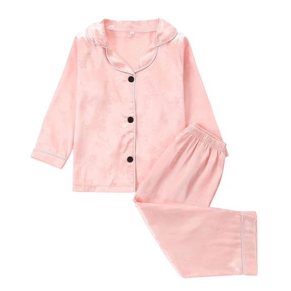 lnmuld Kids Girls Satin Floral Jacquard Pajama Set Notch Collar Long Sleeve Button-Down Top and Pants Sleepwear Loungewear, 2-Piece Size:2-3 Years