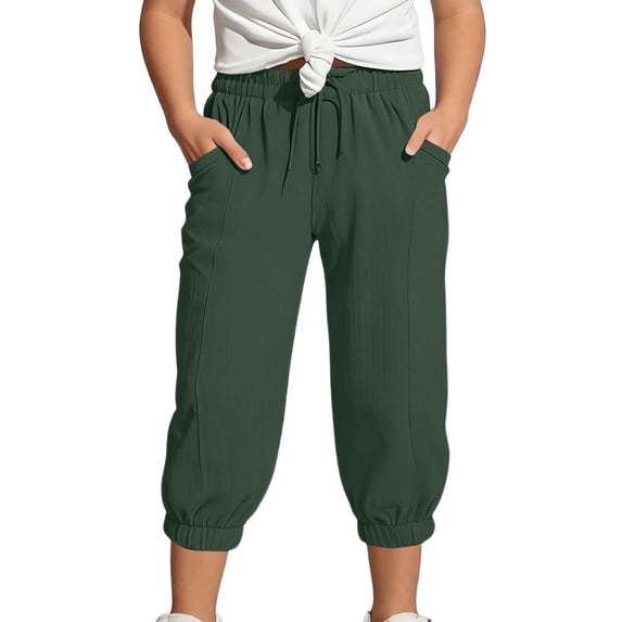 lnmuld Kids Girls Solid Textured Capri Jogger Pants Elastic Drawstring Waist Side Pocket Cropped Pants for Summer Color:Dark Green,Size:12-13 Years