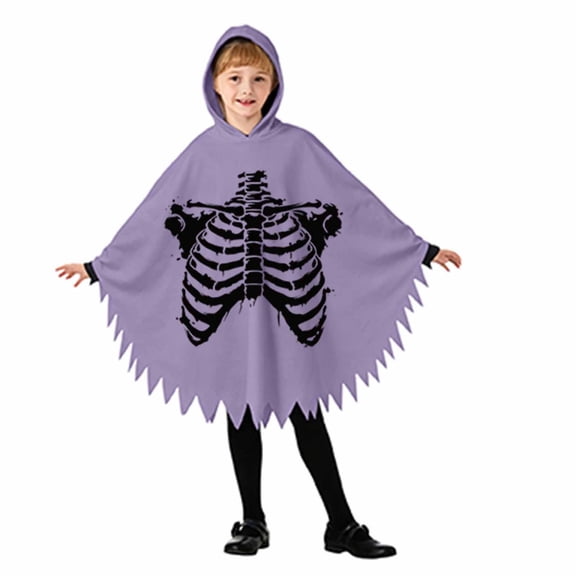 lnmuld Kids Hooded Cape Graffiti Skeleton Ribcage Print Halloween Cosplay Poncho Purple,5-6 Years