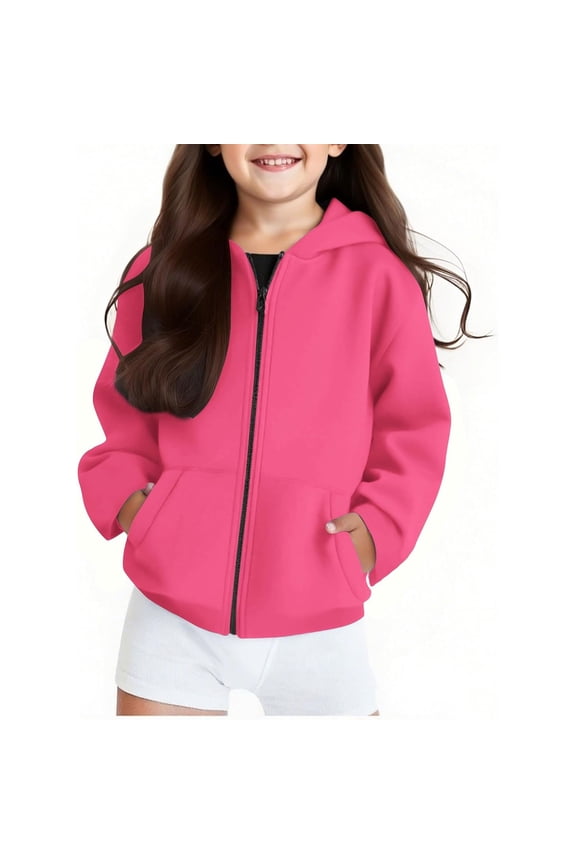 Kids Hoodies Solid Color Girls Hooded Sweatshirt Kids Zip Up Jacket Warm Pullover with Straight Sleeves Casual Outerwear for Teen Size:13-14 Years