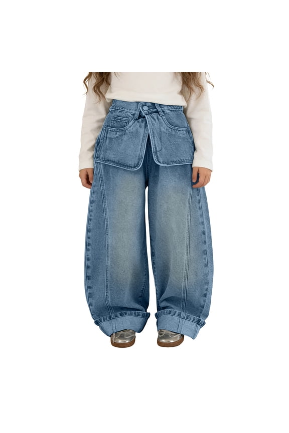 lnmuld Kids Layer Fake Waist Apron Design Denim Pants Button Closure High Rise Cuff Hem Oversized Wide Leg Casual Jeans Size:16-17 Years