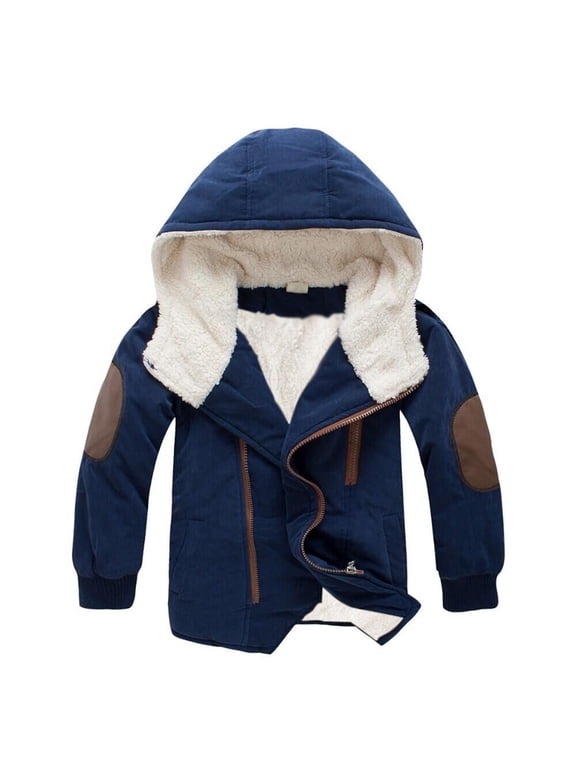 Kids Lined Hooded Winter Coat Boys Casual Warm Windproof Outerwear Patch Long Sleeve Zip Up Parka Jacket 13-14 Years,Navy