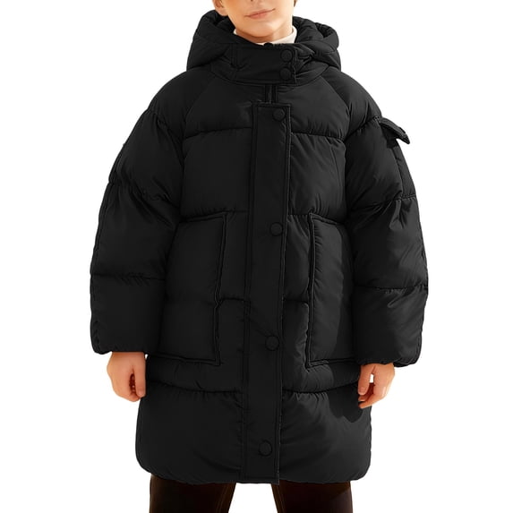 lnmuld Kids Long Hooded Puffer Jacket Zip‑Snap Closure Thick Warm Winter Outerwear for Boys and Girls Size:13-14 Years
