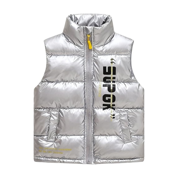 lnmuld Kids Metallic Stand Collar Puffer Vest Full Zip Side Pockets Letter Print Warm Sleeveless Outerwear Silver,9-10 Years