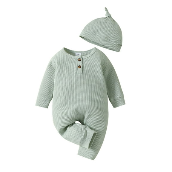 lnmuld Kids One-piece Solid Color Boys Girls Long Sleeve Solid Pullover Romper Jumpsuit Outfit with Hat Set Size:12-18 Months