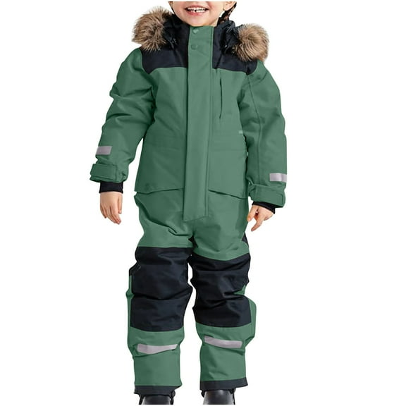 lnmuld Kids One-piece Solid Color Boys All Weather Thermal Snowsuit Windproof Softshell Ski Overall with Detachable Hood for Outdoor Winter Adventures Size:12-13 Years