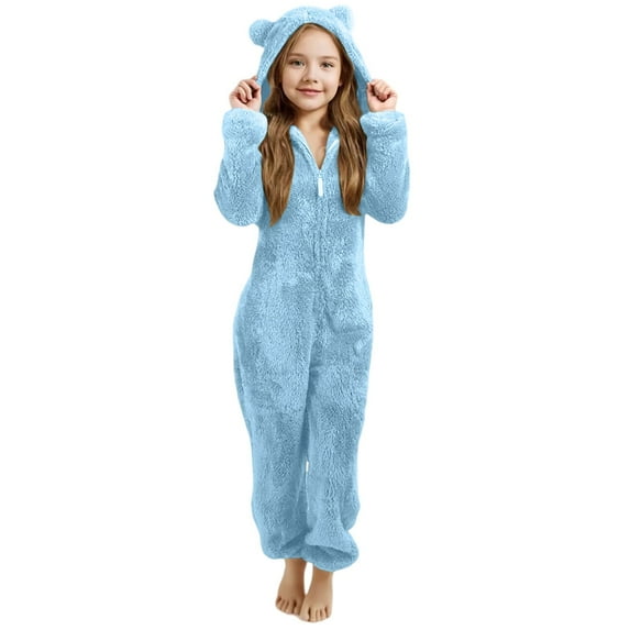 lnmuld Kids One-piece Solid Color Girls Hooded Romper Jumpsuit with Animal Ears Soft Winter Pajamas Play for Toddler Kids Size:9-10 Years