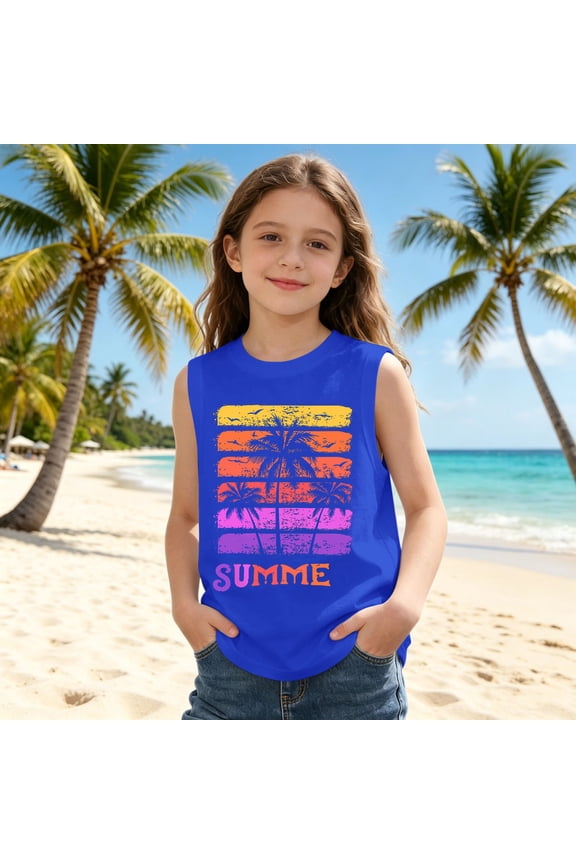 lnmuld Kids Retro Sunset Palm Tree "Summer" Graphic Sleeveless Tank Top Color:Blue,Size:2-3 Years