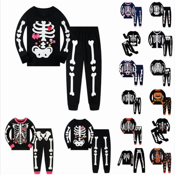 lnmuld Kids Skeleton Two Piece Outfit Long Sleeve Top and Jogger Pants Halloween Cosplay Sleepwear Costume Black,8-9 Years