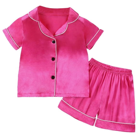 lnmuld Kids Solid Color Satin Short Pajama Set, Button-Down Top & Shorts Sleepwear Color:RD1,Size:18-24 Months
