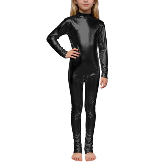 lnmuld Kids Solid Metallic Shiny Turtleneck Full Body Unitard Long Sleeve Footed One‑Piece Jumpsuit Stretch Fabric for Halloween Cosplay Stage Performance Costume Size:10-12 Years