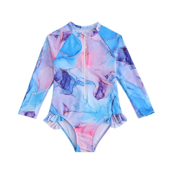lnmuld Kids Swimsuit One Piece Long Sleeve Zipper Front Swimsuit Tie Dye Watercolor Print Summer Beach Rash Guard Swimwear Color:Blue,Size:5-6 Years