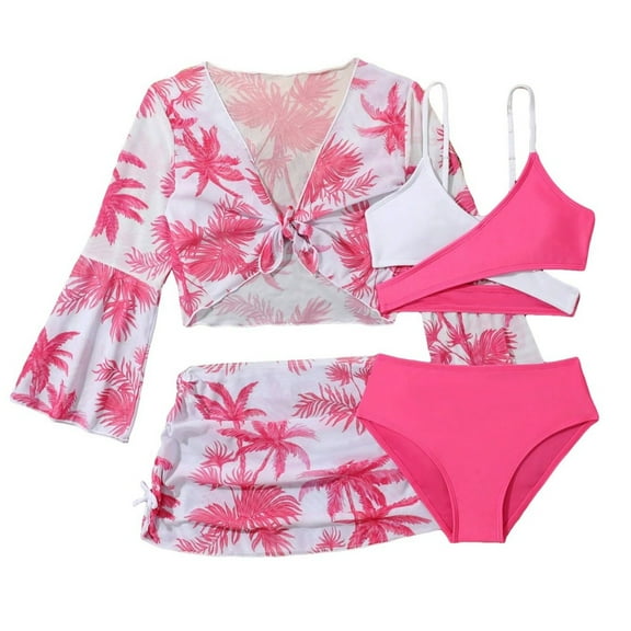 lnmuld Kids Swimsuits 2025 Girls Four Piece Bikini Swimsuit Set High Waist Teen Skintight Bodysuit for Beach Summer Size:13-14 Years