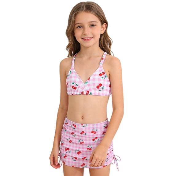 lnmuld Girls 3 Piece Cherry Print Bikini Rash Guard Swim Set Top & Bottom Beach Pool Color:Pink,Size:9-10 Years