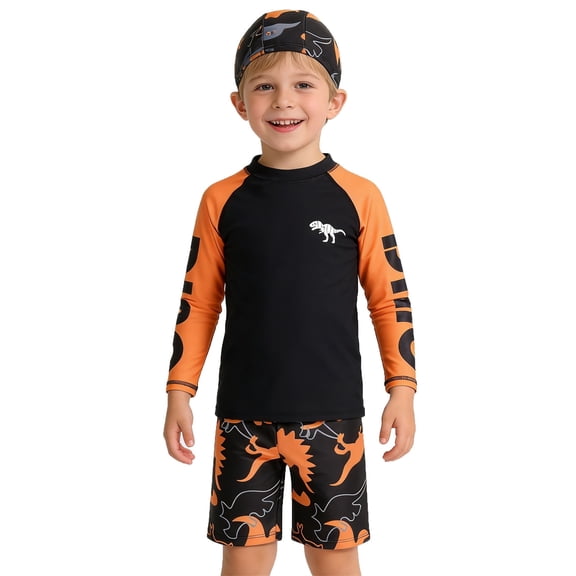 lnmuld Kids Swimsuits Boys Dinosaur Swimwear Set Long Sleeve Rash Guard Shirt and Swim Trunks with UPF 50 Sun for Beach Pool Activities Size:3-4 Years