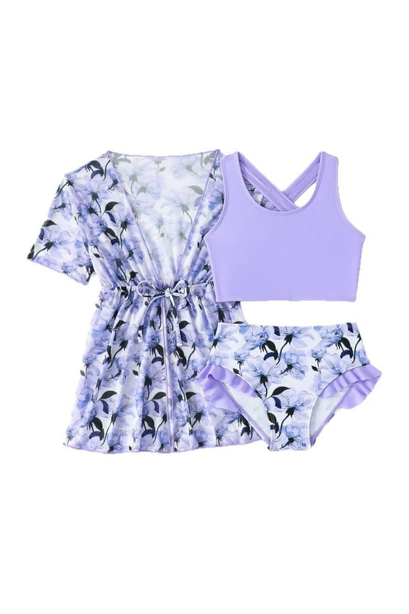 Kids Swimsuits Girls 3 Piece Swimsuit Set Floral Print Bikini with Cover Up Outfit for Toddler Beach Pool Summer Party Size:3-4 Years