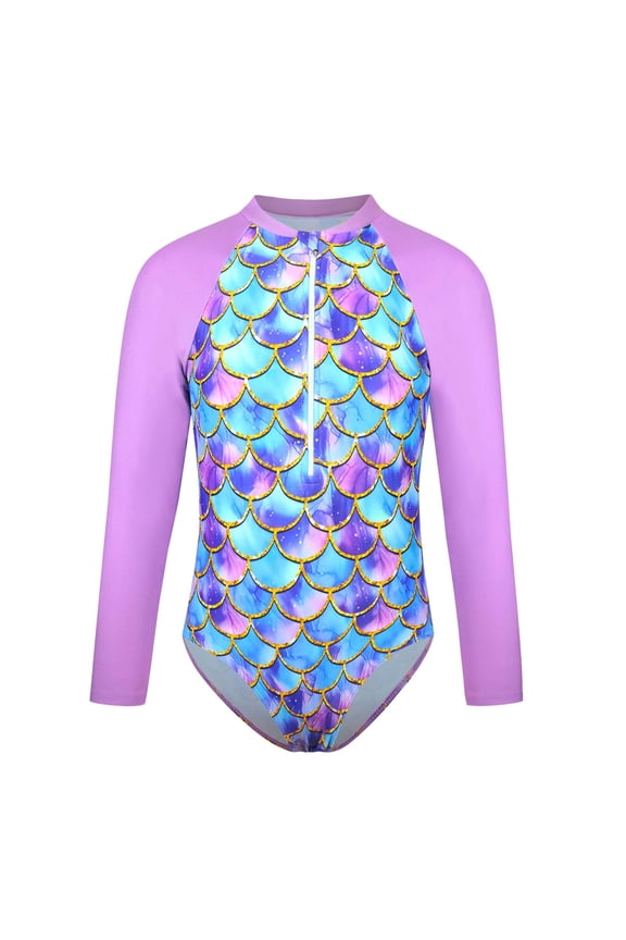 Kids Swimsuits Girls Long Sleeve Rash Guard Swimsuit UPF 50+ Sun Surfing Bathing Suit with Gradient Fish Scale Design Size:12-13 Years