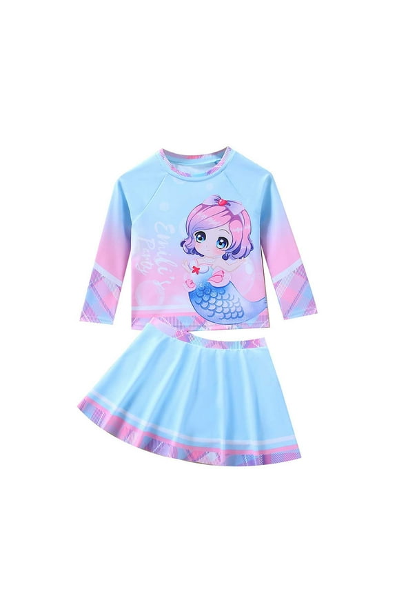 Kids Swimsuits Girls Long Sleeve Two Piece Swimsuit Set with Skirt UPF Sun Rash Guard for Beach Surf Pool Summer Size:5-6 Years