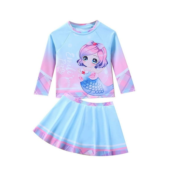 lnmuld Kids Swimsuits Girls Long Sleeve Two Piece Swimsuit Set with Skirt UPF Sun Rash Guard for Beach Surf Pool Summer Size:6-7 Years