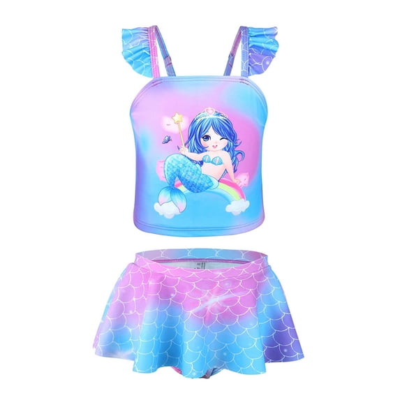 lnmuld Kids Swimsuits Girls Two Piece Swimsuit Set Fish Scale Print Summer Beach Wear Adjustable Strap Top and Skirt Size:6-7 Years