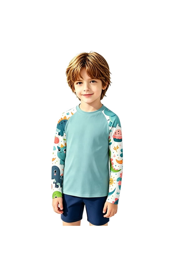 lnmuld Kids UPF50+ Sun Protection Long Sleeve Cartoon Dinosaur Print Raglan Rash Guard Swim Shirt for Boys Girls Mint Green,3-4 Years