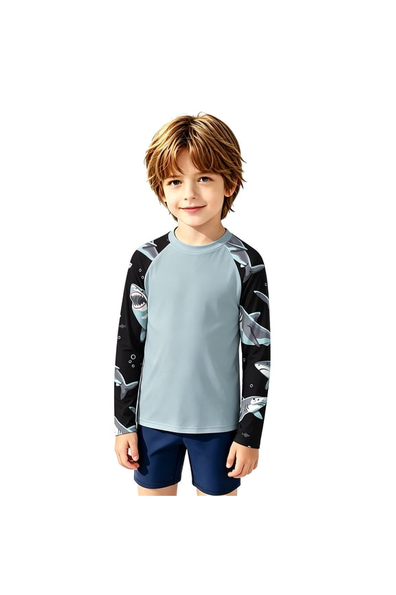 lnmuld Kids UPF50+ Sun Protection Long Sleeve Cartoon Shark Print Raglan Rash Guard Swim Shirt for Boys Girls Light Blue,3-4 Years
