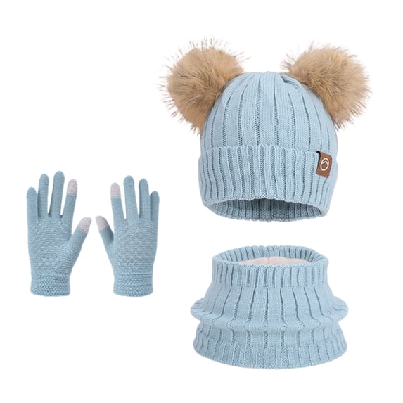 lnmuld Kids Winter Hat Scarf Gloves 3âPiece Set Solid Vertical Rib Knit Double Pom Pom Beanie Touch Screen Gloves Lined Cold Weather Outdoor Accessories Size:One Size
