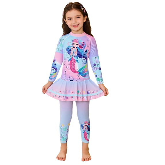 lnmuld Kids Youth Girls 2 Piece Swimwear Set - Cute Cartoon Print Sun Bathing Outfit Color:Purple1,Size:6-7 Years