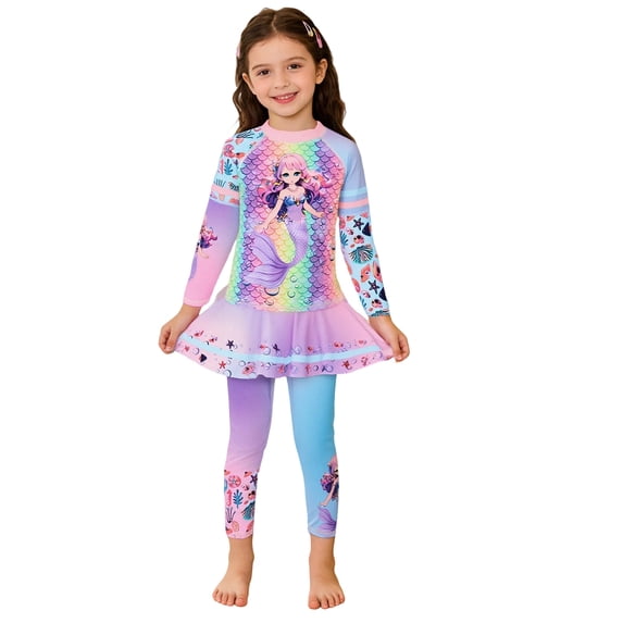 lnmuld Kids Youth Girls 2 Piece Swimwear Set - Cute Cartoon Print Sun Bathing Outfit Color:Purple4,Size:8-9 Years