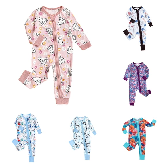 lnmuld Long Sleeve Zip Up Onesie All Over Winter Outdoor Print Cotton Boy Girl Sleep N Play Fold Over Cuff Casual Jumpsuit 9-12 Months,Light Pink