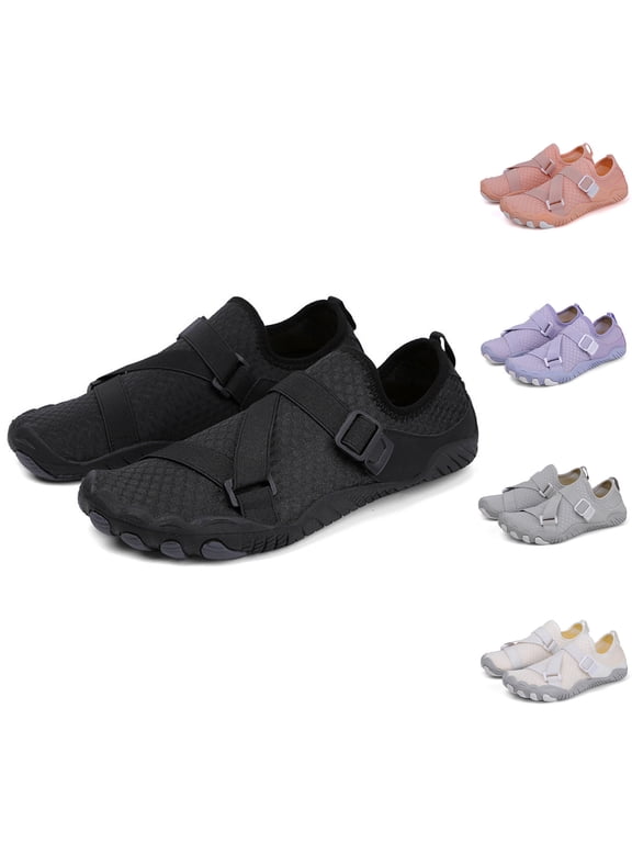 Men Women Barefoot Shoes, Breathable Mesh Strap-On Shoes Solid Color for Water Yoga Fitness Color:Black,Size:8