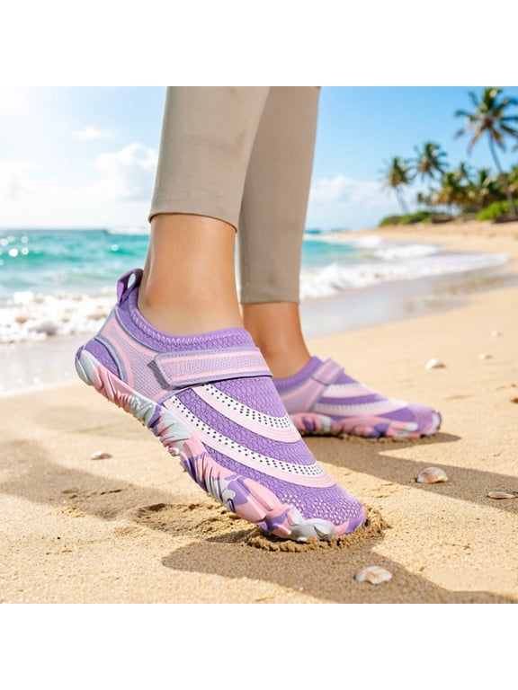 Men Women Barefoot Shoes, Breathable Mesh Strap-On Shoes for Water Yoga Fitness Hiking Color:Purple,Size:6