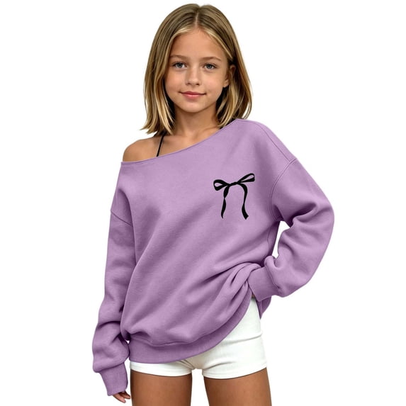 lnmuld Off Shoulder Sweatshirt for Girls Long Sleeve Chest Bow Print Loose Fit Casual Pullover Top Size:14-16 Years