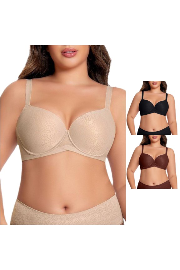 lnmuld Plus Size Underwire Dot Jacquard Full Coverage Bra Adjustable Thin Strap Solid Smooth Side Smoothing Everyday Support Bra D,Beige