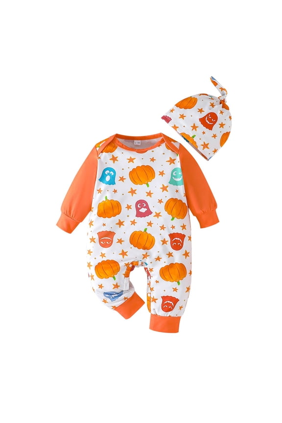 lnmuld Pumpkin Ghost Star Full Print Long Sleeve Snap Crotch Romper with Knot Hat 2 Piece Halloween Set,12-18 Months