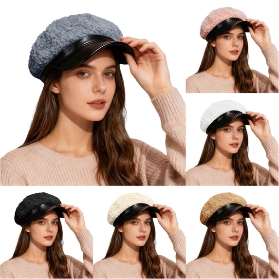 lnmuld Sherpa Newsboy Cap Faux Leather Brim Fuzzy Baker Boy Hat for Women Size:One Size