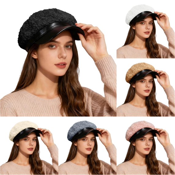lnmuld Sherpa Newsboy Cap Faux Leather Brim Fuzzy Baker Boy Hat for Women Size:One Size