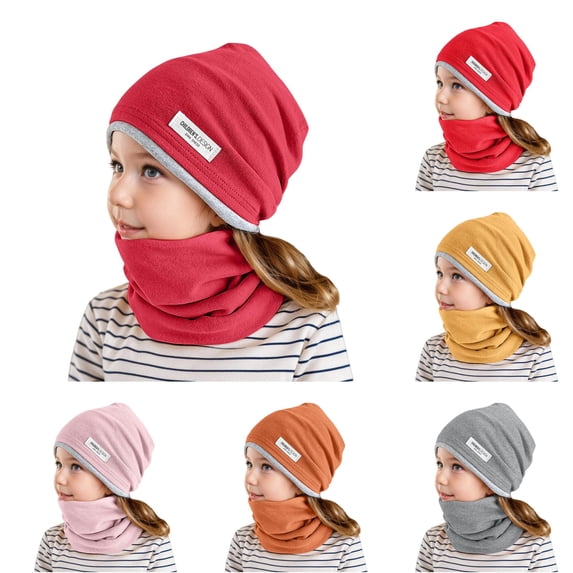 lnmuld Solid 2 Piece Kids Contrast Slouchy Beanie Hat Neck Warmer Set Soft Double Layer Cotton Fabric Daily Outdoor Winter Accessory Set for Boys Girls ,2-12 Years