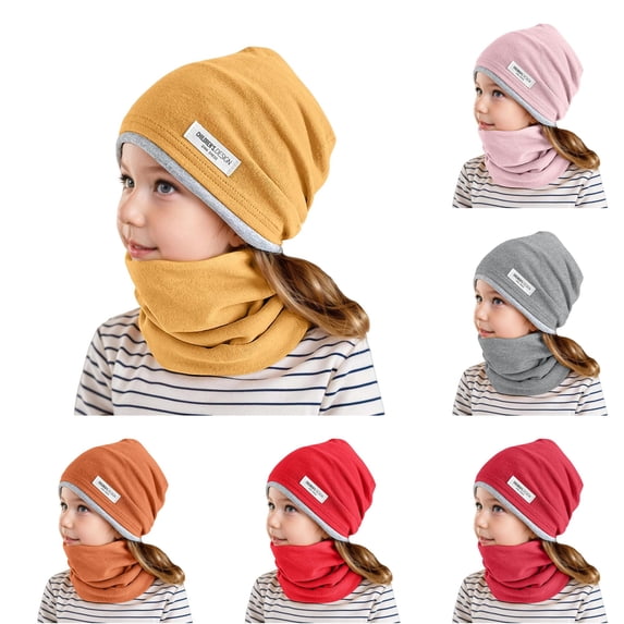 lnmuld Solid 2 Piece Kids Contrast Slouchy Beanie Hat Neck Warmer Set Soft Double Layer Cotton Fabric Daily Outdoor Winter Accessory Set for Boys Girls Yellow,2-12 Years