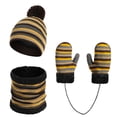 thumbnail image 1 of lnmuld Solid 3 Piece Kids Striped Lined Pom Pom Beanie Neck Gaiter Mitten Gloves with Connect String Winter Accessory Set for Toddler Boys Girls Coffee,One Size, 1 of 2