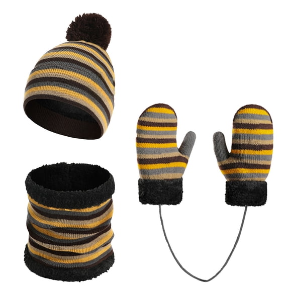 lnmuld Solid 3 Piece Kids Striped Lined Pom Pom Beanie Neck Gaiter Mitten Gloves with Connect String Winter Accessory Set for Toddler Boys Girls Coffee,One Size