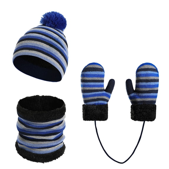 lnmuld Solid 3 Piece Kids Striped Fleece Lined Pom Pom Beanie Neck Gaiter Mitten Gloves with Connect String Winter Accessory Set for Toddler Boys Girls Dark Blue,One Size