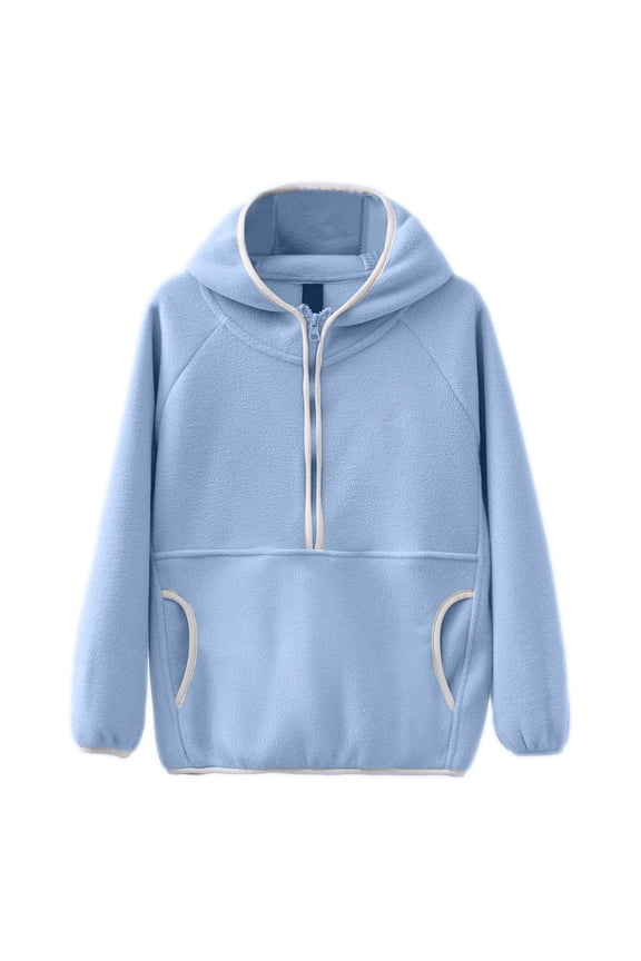 lnmuld Solid Boys Half Zipper Neck Polar Hooded Sweatshirt Contrast Binding Two Side Pockets Loose Fit School Outdoor Thermal Outerwear Top 12-14 Years,Sky Blue