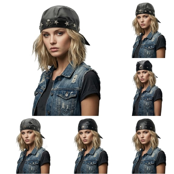 lnmuld Solid Faux Leather Skull Cap Studded Motorcycle Bandana Hat for Women Size:One Size