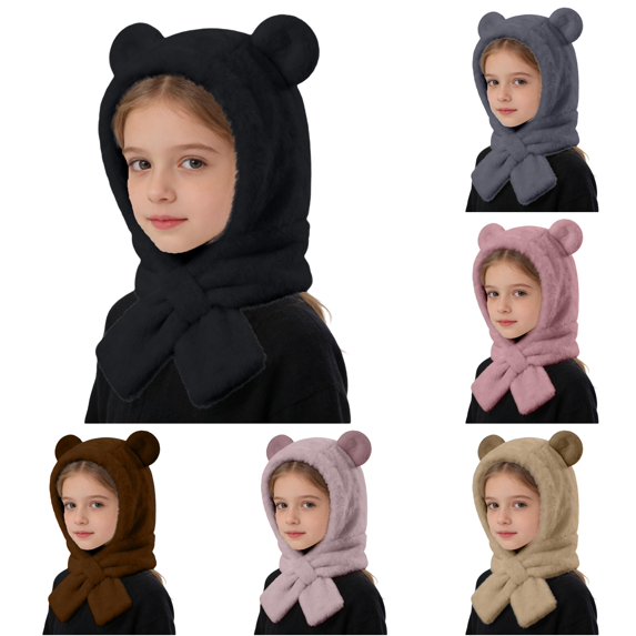 lnmuld Solid Kids Bear Ear Plush Hat Scarf Integrated Tie Neck Warm Winter Headwear for Boys Girls Black,3-4 Years