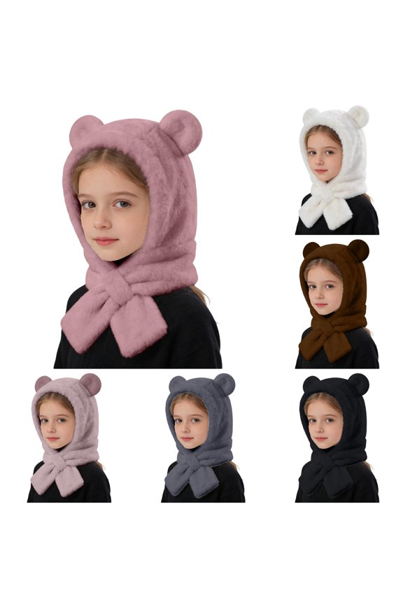 lnmuld Solid Kids Bear Ear Plush Hat Scarf Integrated Tie Neck Warm Winter Headwear for Boys Girls Pink,12-24 Months