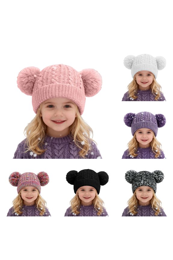 lnmuld Solid Kids Cable Knit Beanie Hat with Double Large Faux Fur Pom Pom Bear Ear Winter Warm Headwear for Girls Boys Pink,One Size