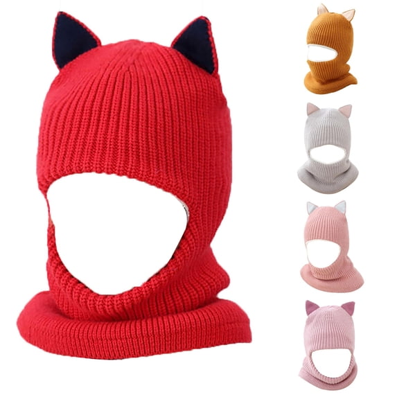 lnmuld Solid Kids Cat Ear Knitted Balaclava Hat Integrated Neck Warmer Windproof Winter Headwear for Boys Girls Red,1-5 Years