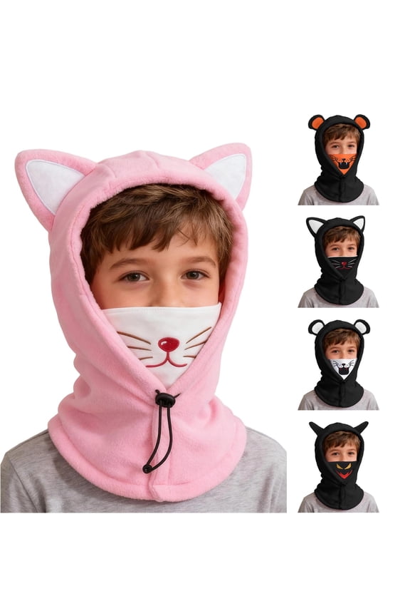 lnmuld Solid Kids Contrast Inner Cat Ear Balaclava Hat Embroidered Whisker Face Mask Adjustable Neck Cover Windproof Ski Helmet Liner for Boys Girls Pink,3-14 Years
